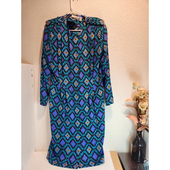 Adrianna Papell 80s‎ Vintage 100% Silk Dress Size 10 Bold Geometric Print Retro - Picture 2 of 6